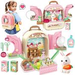 SMILESSKIDDO Pet Carrier Backpack Toy, 3 in 1 Pet Care Playset, Pretend Play Pet Care Accessories & Hair Dryer Toy, Rabbit Role Play Set for Girls Ages 3+