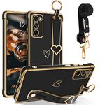 Telaso for Samsung S20 FE Case, Love Heart Cute Phone Case with Wristband Holder Stand Lanyard Crossbody Strap Shockproof TPU Bumper Plating Slim Flexible Cover for Samsung Galaxy S20 FE, Black