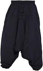 Gheri Men's Cotton Hemp Harem Aladdin Genie Wide Crotch Ninja Pants Trousers Black SM