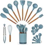 Silicone Kitchen Utensils Set & Holder: Cooking Utensils Set - Kitchen Essentials for New Home & 1st Apartment- Silicone Spatula Set, Cooking Spoons for Nonstick Cookware (Acacia Wood, Blue)