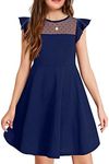 Arshiner Girls Dress Summer Ruffle Sleeve Mesh A Line Casual Party Dresses with Pockets 12-13 Years Navy Blue