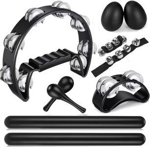 10 Pcs Black Tambourines Set for Adults - Half Moon Tambourine, Foot Tambourine with Bells, Wrist Bells, Egg Shakers, Wooden Rhythm Sticks, Pair of Maracas,Percussion Instrument Set for Church, Party