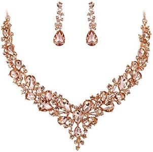 BriLove Wedding Bridal Necklace Earrings Jewelry Set for Women Austrian Crystal Teardrop Cluster Statement Necklace Dangle Earrings Set Peach Morganite Color Rose-Gold-Toned.