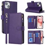 Jaorty Wallet Case for iPhone 15 Plus with Strap,iPhone 15 Plus Case Wallet for Women Men,[9 Card Slots] [Wrist Strap] Zipper Cash Pocket Magnetic Leather Cover Shockproof Case,6.7 inch Purple