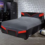 X-Rocker Cerberus MKII Ottoman Gas Lift Upholstered Platform Bed Frame with Storage, Ottoman Gaming Bed with Hydraulic Lifting Under Bed Storage for Kids Juniors Gamers, Small Double 4ft - CARBON RED