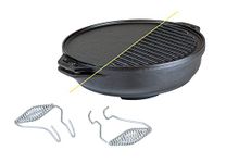 Lodge Cast Iron Cook-It-All Kit. Five-Piece Cast Iron Set Includes a Reversible Grill/Griddle 14 Inch, 6.8 Quart Bottom/Wok, Two Heavy Duty Handles, and a Tips & Tricks Booklet.