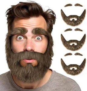 3 Pcs DIY Self Adhesive Fake Mustache and Eyebrows Set Fake Beard Novelty Mustaches for Funny Costume and Halloween-Brown