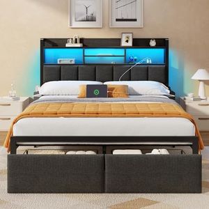 Furnulem Queen Bed Frame with Storage Drawers, Upholstered Headboard with Storage Shelf, LED Lights and Charging Station, Metal Platform Bed Frame Queen Size, Noise Free, No Box Spring Needed, Black