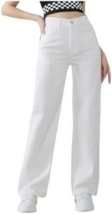 MakeMeChic Girl's Denim Pants High Waisted Straight Leg Jeans with Pockets White 14Y