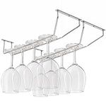 BELLE VOUS 4 Pack Chrome Steel Under Cabinet Wine Glass Holder Rack With Screws & Wall Plugs - 34 x 11cm/13.38 x 4.33 inches - Stemware Hanger for Glasses - Storage For Bar & Kitchen