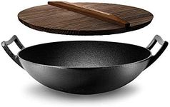 NutriChef Cast Iron Wok Pan, 43cm/17Inch Induction Chinese Wok, Heavy Duty Nonstick Wok or Stir Fry Skillet with Lid, Compatible with All Cooktops, Deep Round Bottomed Wok Pan for Home/Restaurant