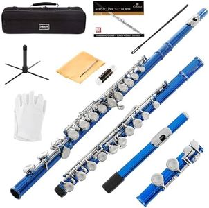 ﻿Mendini By Cecilio Flutes - Closed Hole C Flute For Beginners, 16-Key Flute with a Case, Stand, Lesson Book, and Cleaning Kit, Musical Instrument for Kids, Blue Flute