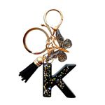 Cute Initial Letter Keychains for Women Girls Tassel Butterfly Black Keychain for Backpack School Bag (K-Black)