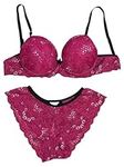 Olga Women's Wired Lingerie Set - Bikini Style with Padding and Lace - Bra & Panty, Dark Pink, Large