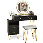 COSTWAY Dressing Table Set, Modern Vanity Makeup Table Stool Set with 3 Color Detachable LED Mirror, Home Bedroom Cosmetics Dresser Furniture Gift (Black with Side Cabinet)