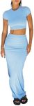 Lybiogs Two Piece Skirt Set for Women 2 PC Y2K Outfits Short Sleeve Crop Tops Bodycon High Waist Long Maxi Skirts, Sky Blue