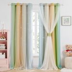 Deconovo Thermal Eyelet Bedroom Curtains Star Hollow Out Pattern Curtains Doulbe Layer with Net Curtains Blackout Curtains for Nursery Bedroom with Tie Back 52x90 Inch Blue/Yellow/Green 2 Panels