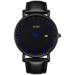 BUREI Men's Watch Ultra Thin Quartz Analog Wrist Watch Date Calendar Stainless Steel Leather Band