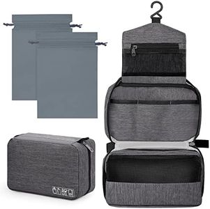 Sarsumir Neceser Mujer Hombre Viaje Neceser Maquillaje Grande Makeup Bag Colgar 1 Bolsa Maquillaje + 2 Bolsas con Cordón, Gris