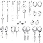Fiasaso 22Pcs Dangle Earrings for Men Stainless Steel Hinged Hoop Earrings Long Chain Stud Cross Dangle Earrings Set Kpop Earrings for Mens Black, Silver and Gold (Sliver)