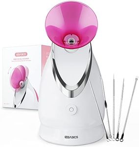 EZBASICS Facial Steamer Ionic Face Steamer for Home Facial, Warm Mist Humidifier Atomizer for Face Sauna Spa Sinuses Moisturizing, Unclogs Pores, 1 Pack + 5 Stainless Steel Skin Kit Pink