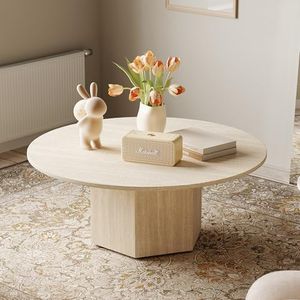 35.43'' Round Coffee Table for Living Room, Modern Coffee Table with Beige Travertine Sintered Stone Top, Circle Living Room Table Tea Table for Home Office