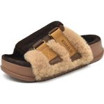 KuaiLu Womens Fuzzy Platform Open Toe Slippers with Arch Support Fluff Furry Slides Orthotic Faux Fur Sandals Indoor Outdoor Brown Size 12