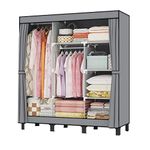 LOEFME Canvas Wardrobe 172*130*45cm Wardrobes for Bedroom Portable Wardrobe Shelves Wardrobe Storage Organiser Fabric Wardrobes for Bedroom with 2 Hanging Rails Fabric Closet Folding Wardrobe Grey