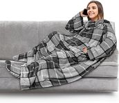 PAVILIA Fleece Blanket with Sleeves and Foot Pockets for Women Men Adults, Wearable Blanket Sleeved Throw Wrap, Plush Hug Sleep Pod Snuggle Blanket Robe, Cozy Gift Ideas Wife Mom, Plaid Dark Gray