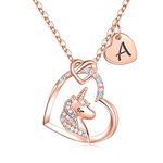 TINGN Unicorn Gifts for Girls, 14K Rose Gold Plated Colorful CZ Heart Pendant Necklace Letter A Initial Unicorn Necklaces for Girls 6 Year Old Girl Gifts Birthday Unicorn Gifts for Girls Age 6-10