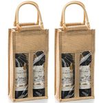 Peohud 2 Pack Burlap Wine Bottle Bags, 2 Bottle Wine Gift Bag, Jute Wine Tote, Vintage Wine Packaging Gift Bags with Window and Handle for Wedding Birthday Party Christmas Holiday Festival