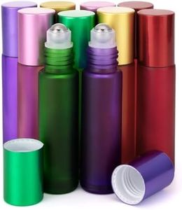 Glass Roller on Bottle, 10ml Refillable Essential Oil Bottle with Stianless Steel Ball, Pack of 10 Green+Yellow+Pink+Purple+Red