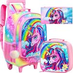 3PCS Rolling Backpack for Girls, Kids Roller Wheeled Unicorn Bookbag and Lunch Box, Cute Rainbow School Backpacks with Wheels for Elementary Teen