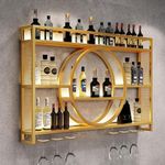 Wall Mounted Metal Wine Rack Liquor Bottle Display Shelf, Modern Bar Unit Floating Wine Glass Holder Iron Hanging Wine Shelves for Home Restaurant Bars Storage Stand (Gold, 39.4"x 5.9"x 31.5")