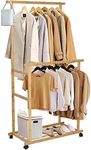 Medla Bamboo Clothes Rail Rack: Double Hanging Rails Clothes Rack on Wheels Free Standing Garment Rack with Storage Shelves Coat Rack for Dress Pants Shoes 80x40x160cm