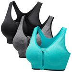 CARETOO Women's Sports Bra Front Zip Wireless Bras Shock Absorber Sports Bra, Stress Training Yoga Bustier with Removable Pads for Running Gym Fitness (Black & Grey & Green, L)