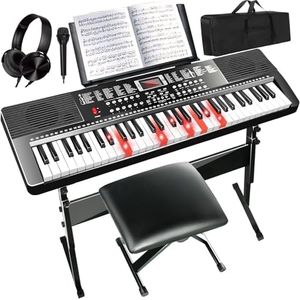 AQNIEGEP 61 Key Electric Keyboard Piano for Beginners w/Light-Up Keys, Gifts, Full Set: Stand, Bench, Headphones, Padded Bag, Note Stickers, 70 Demos, 200 Rhythms/Tones, LED Display