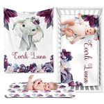 Personalized Girl Crib Bedding Set for Infant Baby: Custom Name Nursery Decor Flower Elephant Purple Baby Blanket Fitted Crib Sheet Changing Pad Cover 3 Pcs(Fixed Size)