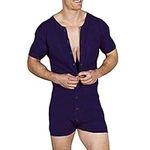 GYMAPE Mens Short Sleeve Onesie Henley Jumpsuit Pajamas Stretchy Cotton One Piece Garment, Navy Blue, Small