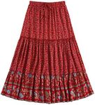 Milumia Women's Boho Vintage Floral Print Long Skirt Summer Tiered Maxi Skirt Multi Red and Blue XX-Large