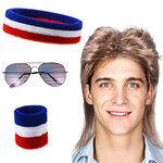 Men's Mullet Wig Retro 80s Punk Rocker Disco Mullet Wig USA Headband Wristband American Flag Sunglasses Costumes Halloween Funny Party Accessory Cosplay Wig (American Flag Headband)