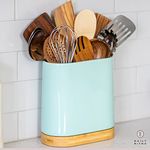Large Kitchen Utensil Holder for Countertop with Bamboo Wooden Base | Minimalistic Cooking Utensils | Aqua Teal Blue Green Ceramic Tool Crock | Cylindrical Oval Shape | Narrow Spatula Organizer