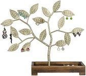 MyGift Earring Storage Rack Organizer, Brass-Tone Metal Jewelry Tree, Necklace and Bracelet Hanger with Wooden Ring Tray Trinket Holder - Holds 68 Pairs of Earrings