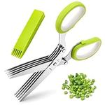 Herb Scissors, X-Chef Multipurpose 5 Blade Kitchen Herb Shears Herb Cutter with Safety Cover and Cleaning Comb for Chopping Basil Chive Parsley (Green)