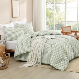 Andency Sage Gingham Comforter Set Queen(90x90Inch), Green Checkered Grid Plaid Buffalo Bed Set for Girls Boys Kids Teens, 3 Pieces Lightweight Microfiber Geometric Preppy Bedding