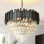 AOOCHOK Modern Crystal Chandelier Black Pendant Light Fixtures, Round Crystal Pendant Lighting for Living Room, Dining Room, Bedroom, Restaurant, E14 x 8, D60 cm