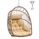YITAHOME Rattan Egg Chair，Swing Egg Chair w/ Cushions，Sturdy Steel Frame，105x74x72 cm Hanging Egg Chair w/ a Chain & S Hook Patio，Garden，Living Room，Brown Egg Chair & Beige Cushion (FTPLPS-1010-E)