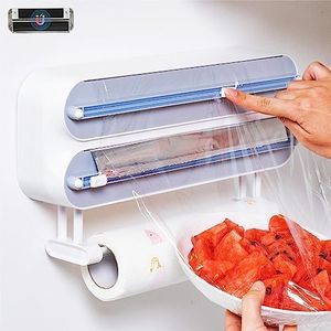 Quasziwa Dispensador Papel Aluminio y Film con Portarrollos Cocina - Organizador Mejorado Magnético de Papel Film Transparente con Hoja Afilada de Larga duración, Soporte Papel Cocina 3 en 1, Blanco