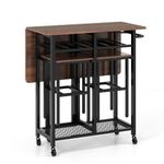 Giantex 3-Piece Foldable Dining Table Set, Extendable Dining Table & 2 Stools Set w/ 6-Bottle Wine Rack, Shelves & Side Pushing Handle, Space-Saving Kitchen Table Set for Small Space, Dining Room
