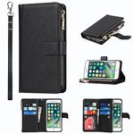 Jaorty Wallet Case Compatible with iPhone 7/8 iPhone SE 2nd 2020 Case,[9 Card Slots] [Wrist Strap] [Stand Feature] Zipper Cash Pocket Magnetic Leather Cover Shockproof Case for iPhone 7,4.7" Black